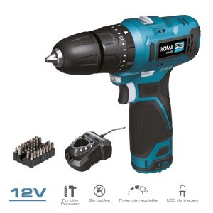 KIT TALADRO PERCUTOR 12V CON ACCESORIOS, BATERIA Y CARGADOR